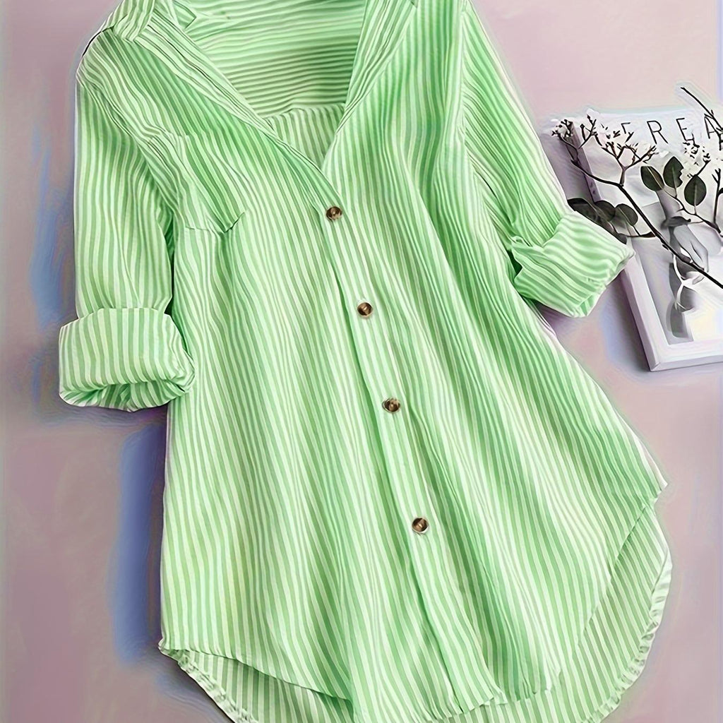 Penny | Striped Button-Down Hi-Low Blouse