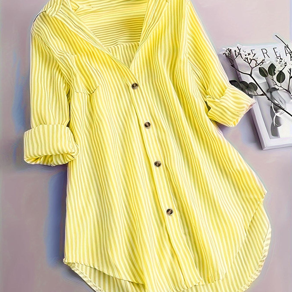 Penny | Striped Button-Down Hi-Low Blouse