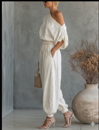 Off-white Linen Off-shoulder Loose Casual Top And Tapered Pants Set