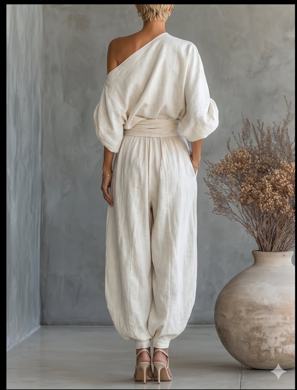 Off-white Linen Off-shoulder Loose Casual Top And Tapered Pants Set